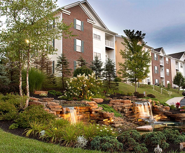 Exterior view of rental apartments The Falls Apartment Community in Athens, Ohio.